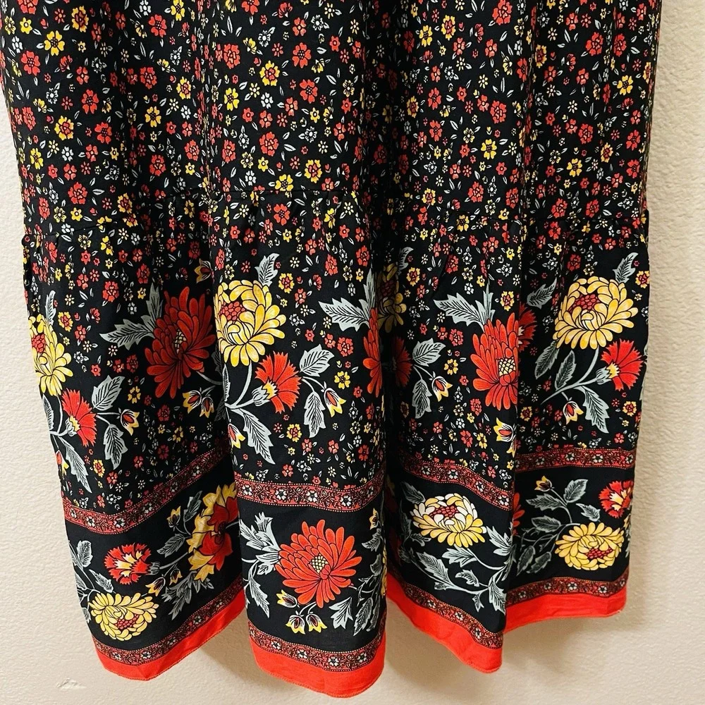 Dark Boho Maxi Floral Strap Dress Black‎ Smocked Multicolor Whimsygoth Size L